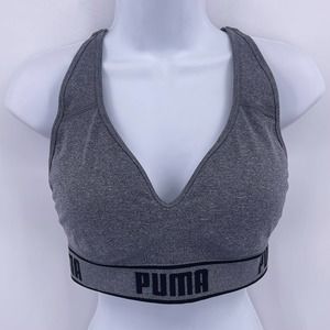 Puma Sports Bra Sz M Gray Pullover Removable Pads Adjustable Straps V Neck